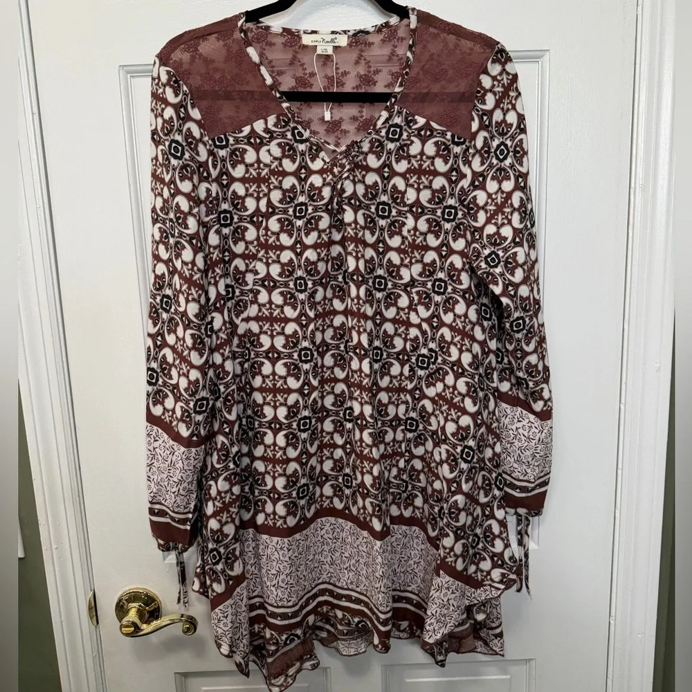 Simply‎ Noelle Brown Boho Print Tunic Top Size L/XL